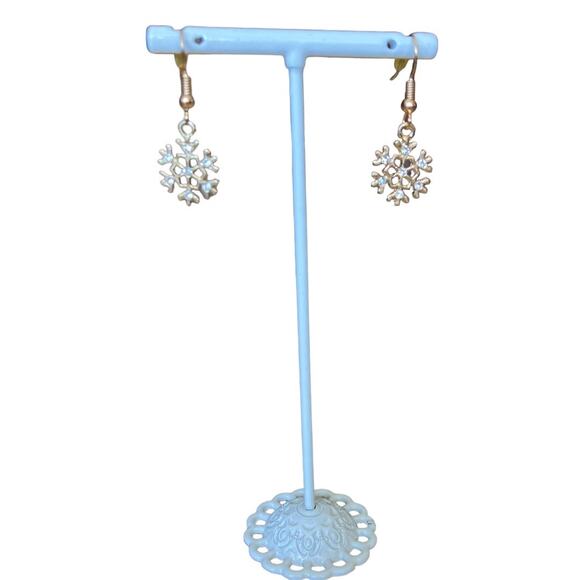 Gold and Rhinestone Snowflake Dangle Earrings - Picture 1 of 6